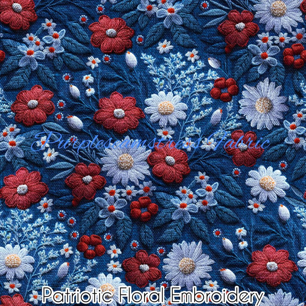 Faux Patriotic Floral Embroidery Cotton Lycra Purpleseamstress Fabric