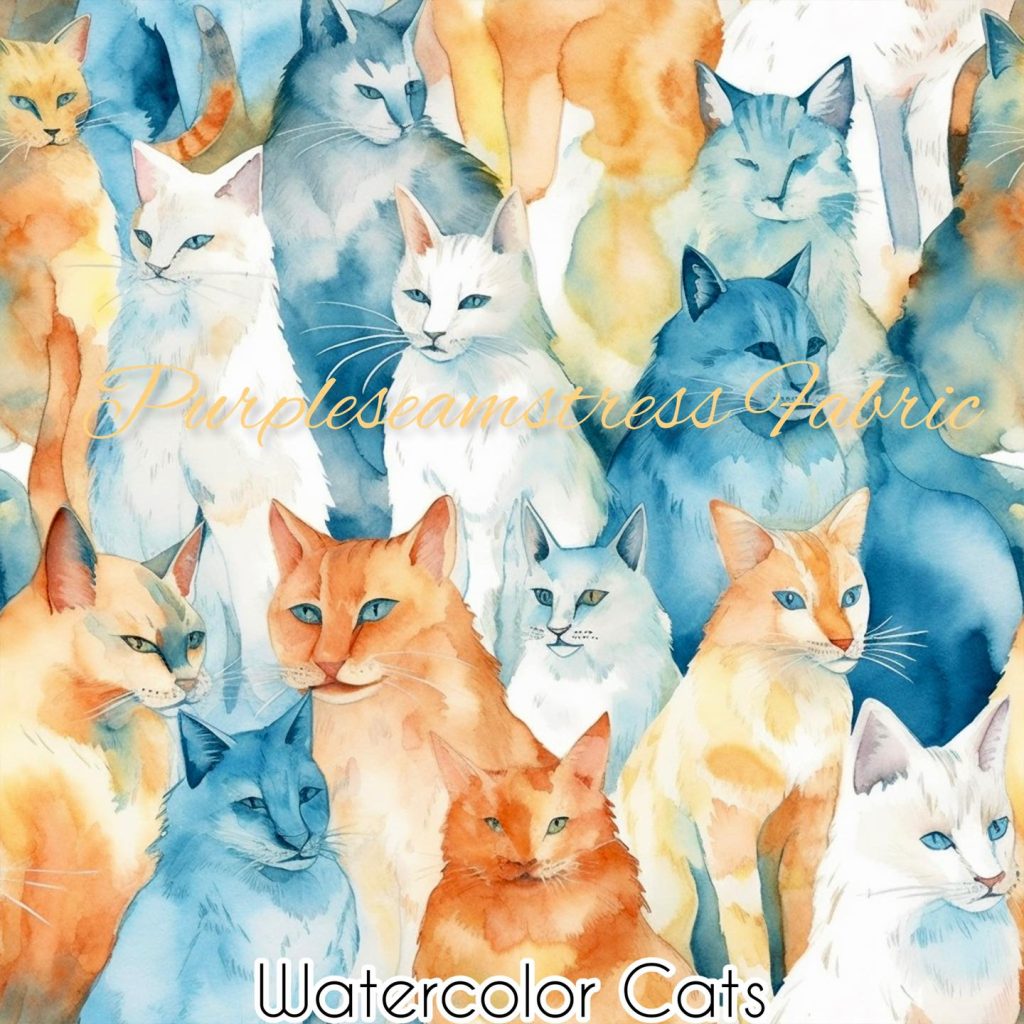 Watercolor Cats Cotton Lycra Purpleseamstress Fabric