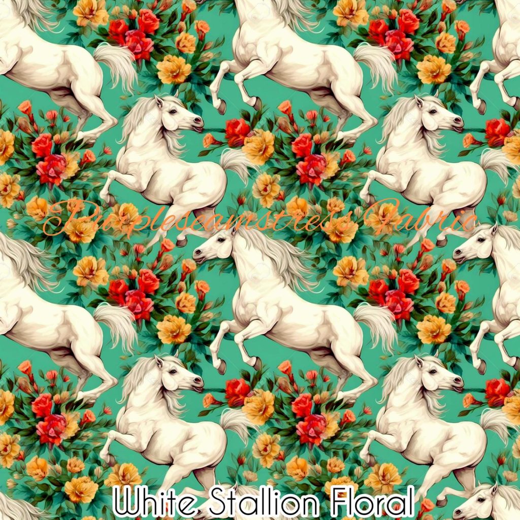 White Stallion Floral Cotton Lycra Purpleseamstress Fabric