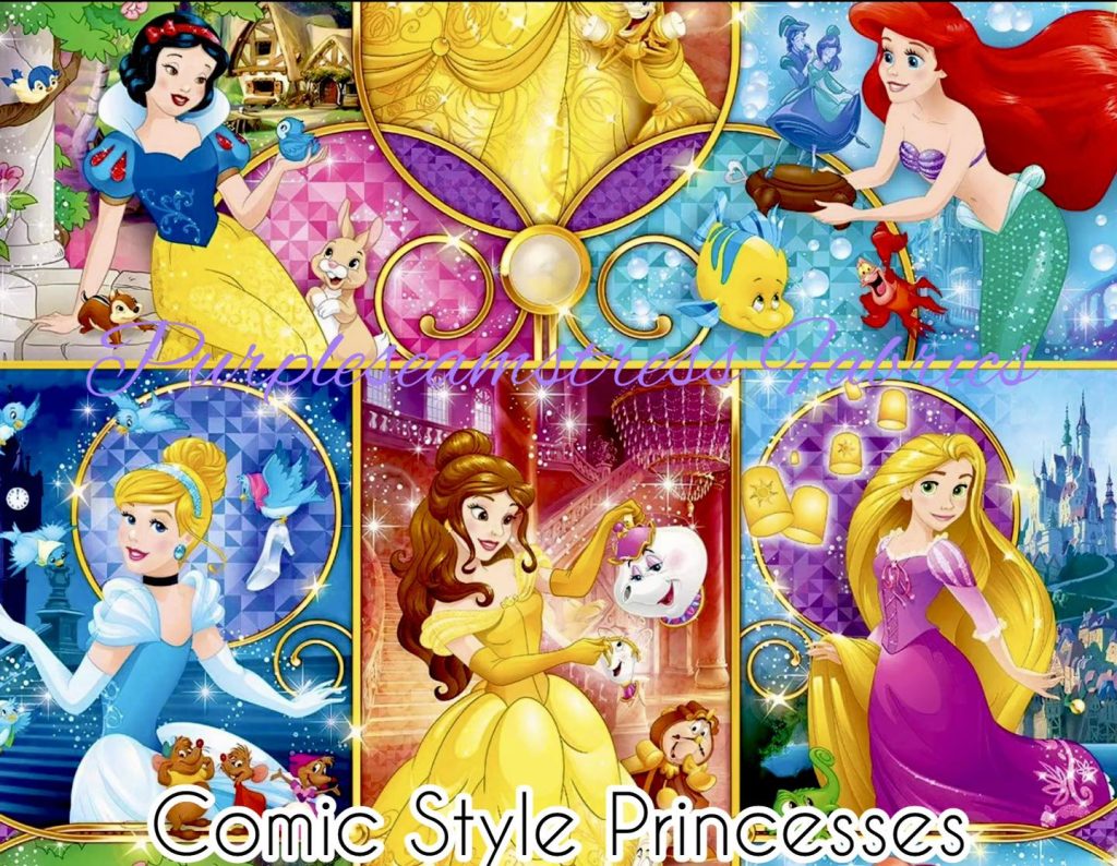 Comic Style Princesses Cotton Lycra Purpleseamstress Fabric