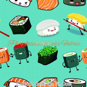 Cartoon Sushi on pin dots Cotton Lycra