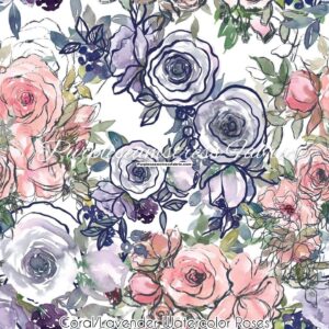 Coral/Lavender Watercolor Roses Cotton Lycra