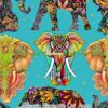 Eclectic Elephants On Aqua Cotton Lycra
