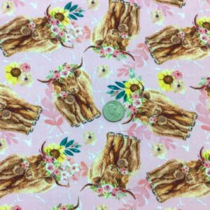 Flower Crown Highland Cows on pink Cotton Lycra