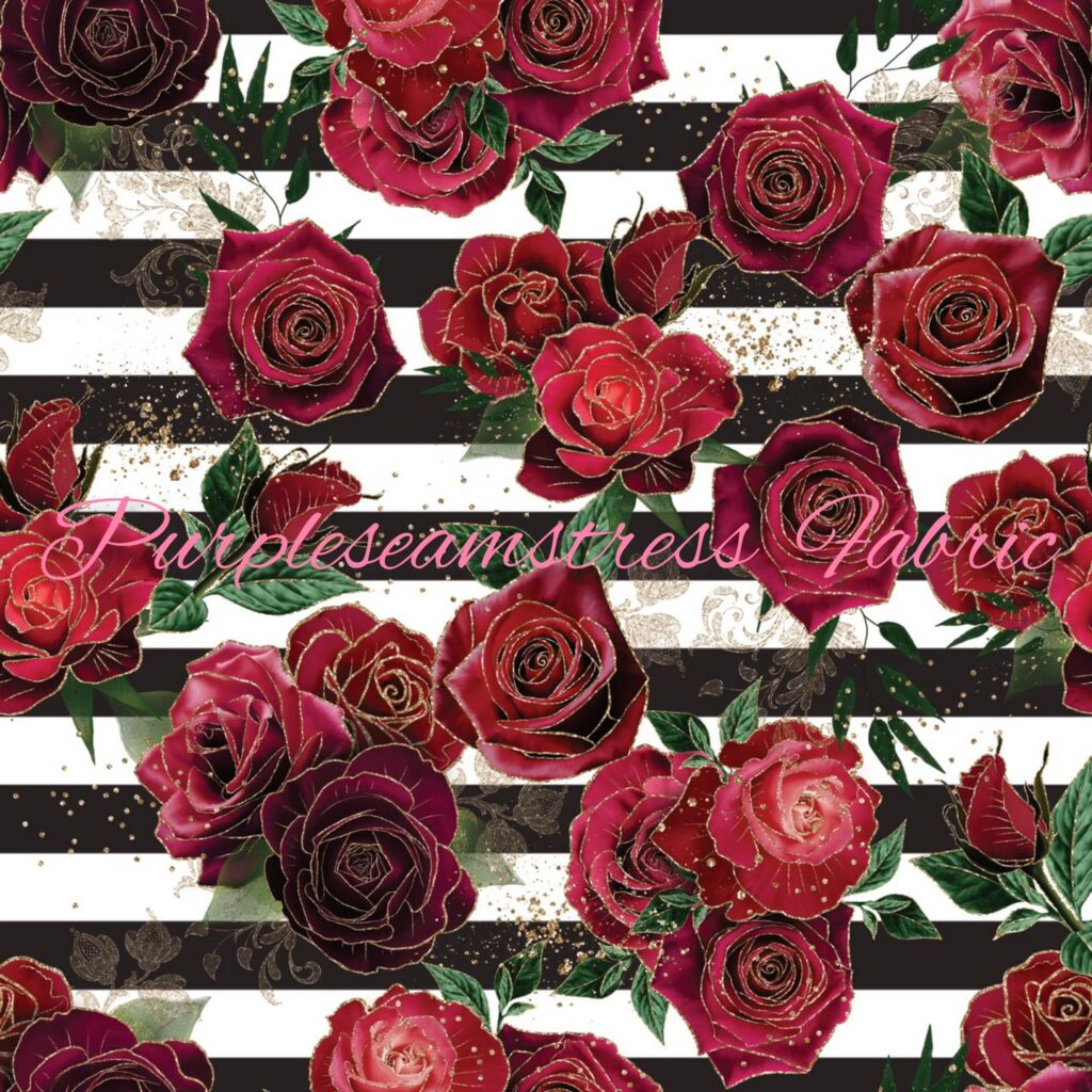 Gold Glitter Roses On Stripes – Fabric – Purpleseamstress Fabric