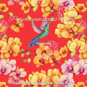 Golden Orchids & Hummingbirds On Dark Orange Cotton Lycra