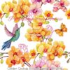 Golden Orchids & Hummingbirds On White Cotton Lycra