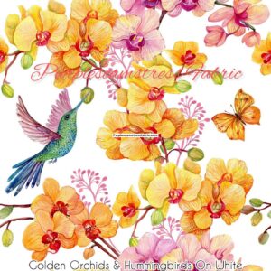 Golden Orchids & Hummingbirds On White Cotton Lycra