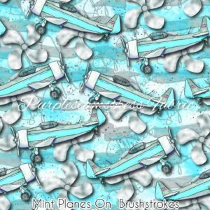 Mint Planes On Brushstrokes Cotton Lycra