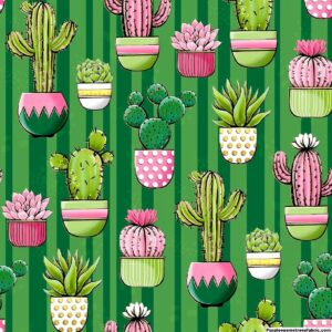 Potted Cacti on Stripes Cotton Lycra