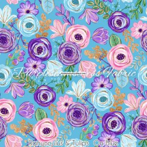 Ranunculus & Tulips On Blue Cotton Lycra