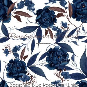 Sapphire Blue Roses On White Cotton Lycra