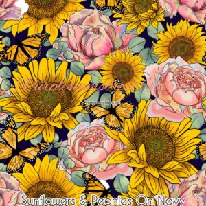 Sunflowers & Peonies on Navy Cotton Lycra
