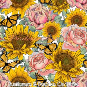 Sunflowers & Peonies on White Cotton Lycra