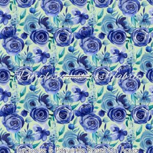 Turquoise & Periwinkle Roses On Aqua Cotton Lycra