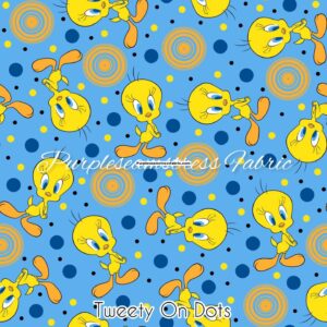 Tweety and dots on blue Cotton Lycra