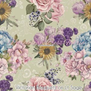 Victorian Bouquets On Lt Sage Cotton Lycra