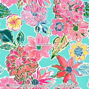 Zinnias/Hibiscus/Lillies on Seafoam Cotton Lycra