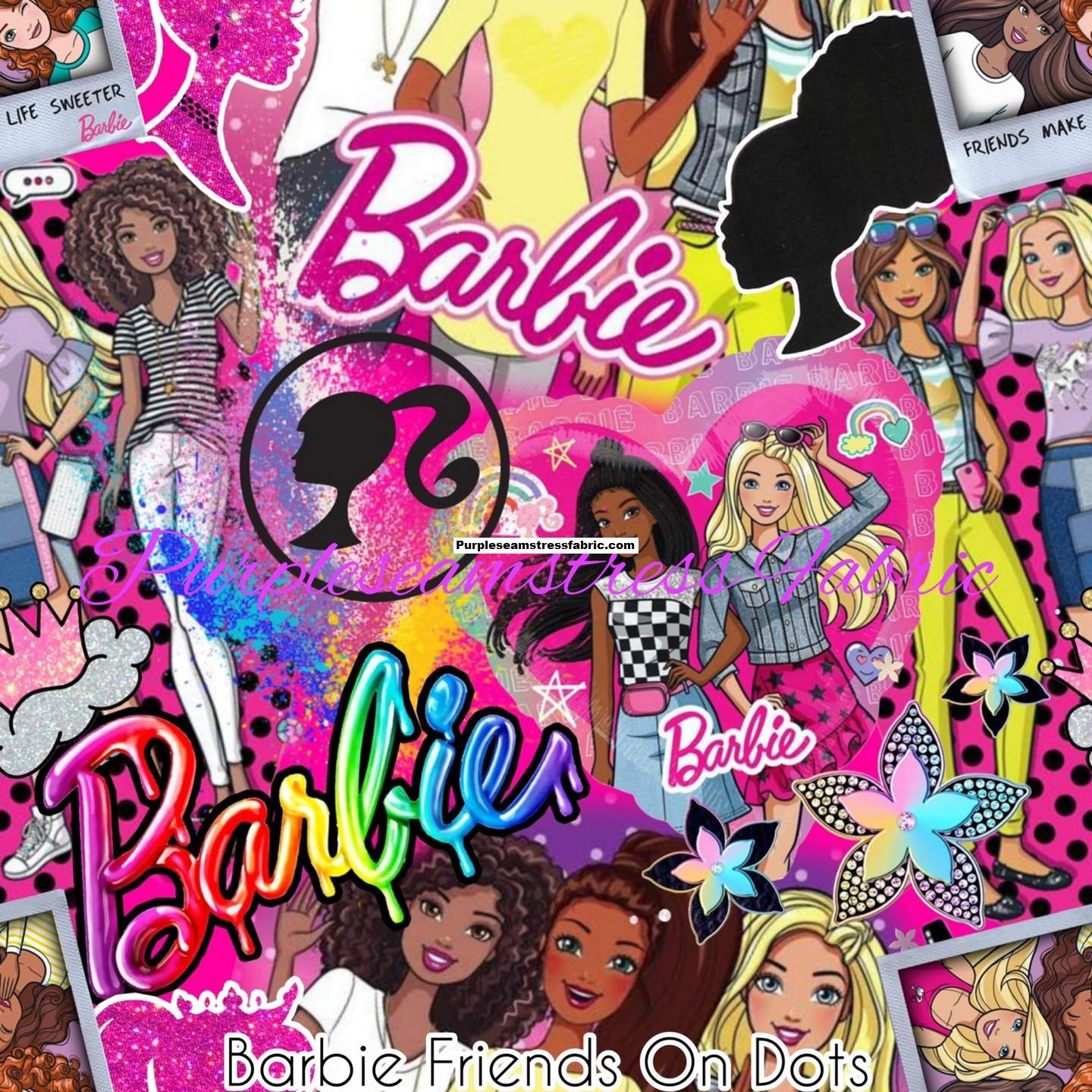 Barbie Friends on Dots Cotton Lycra – Purpleseamstress Fabric