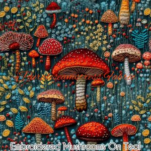 Faux Embroidered Mushrooms on Teal - Fabric