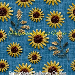 Faux Embroidered Sunflowers on Blue - Fabric