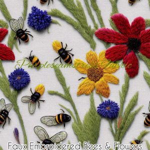 Faux Embroidered Bees & Flowers - Fabric