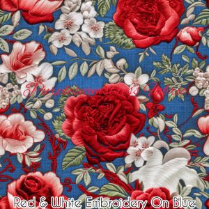 Faux Red & White Embroidery Roses on Blue - Fabric
