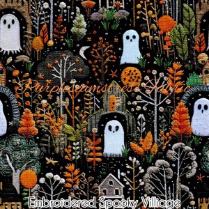 Faux Embroidered Spooky Village - Fabric
