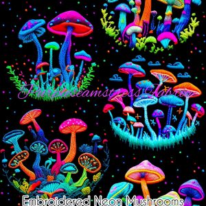 Faux Embroidered Neon Mushrooms - Fabric