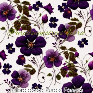 Faux Embroidered Purple Pansies - Fabric