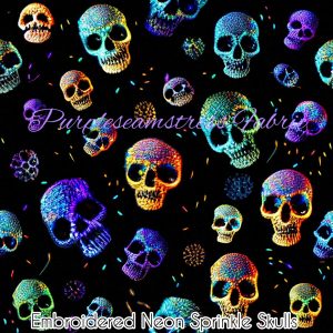 Faux Embroidered Neon Sprinkled Skulls - Fabric