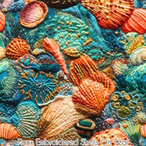 Faux Embroidered Seashells on Teal - Fabric
