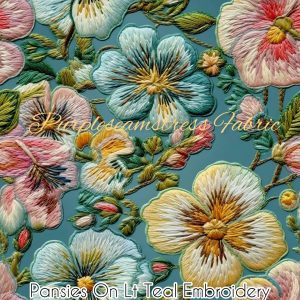 Faux Pansies on Lt. Teal Embroidery - Fabric