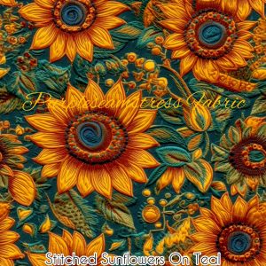 Faux Stitched Sunflowers on Teal - Fabric