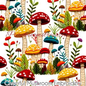 Faux Cheerful Mushroom Embroidery - Fabric