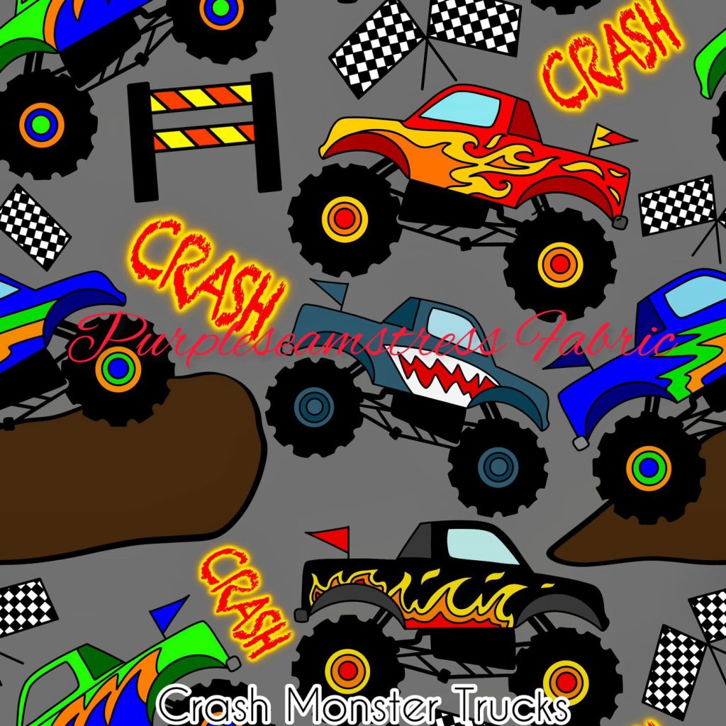 Crash Monster Trucks Cotton Lycra Purpleseamstress Fabric