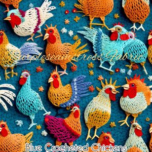 Faux Blue Crocheted Chickens - Fabric