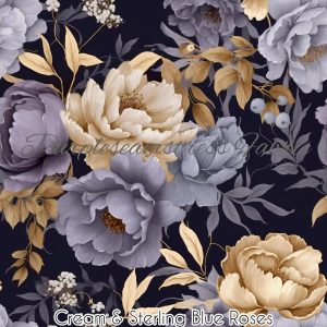 Cream & Sterling Blue Roses - Fabric