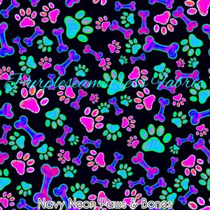 Navy Neon Paws & Bones - Fabric