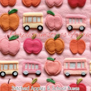 Faux Pink Stitched Apples & School Buses - Fabric