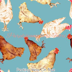 Pecking Hens on Blue - Fabric