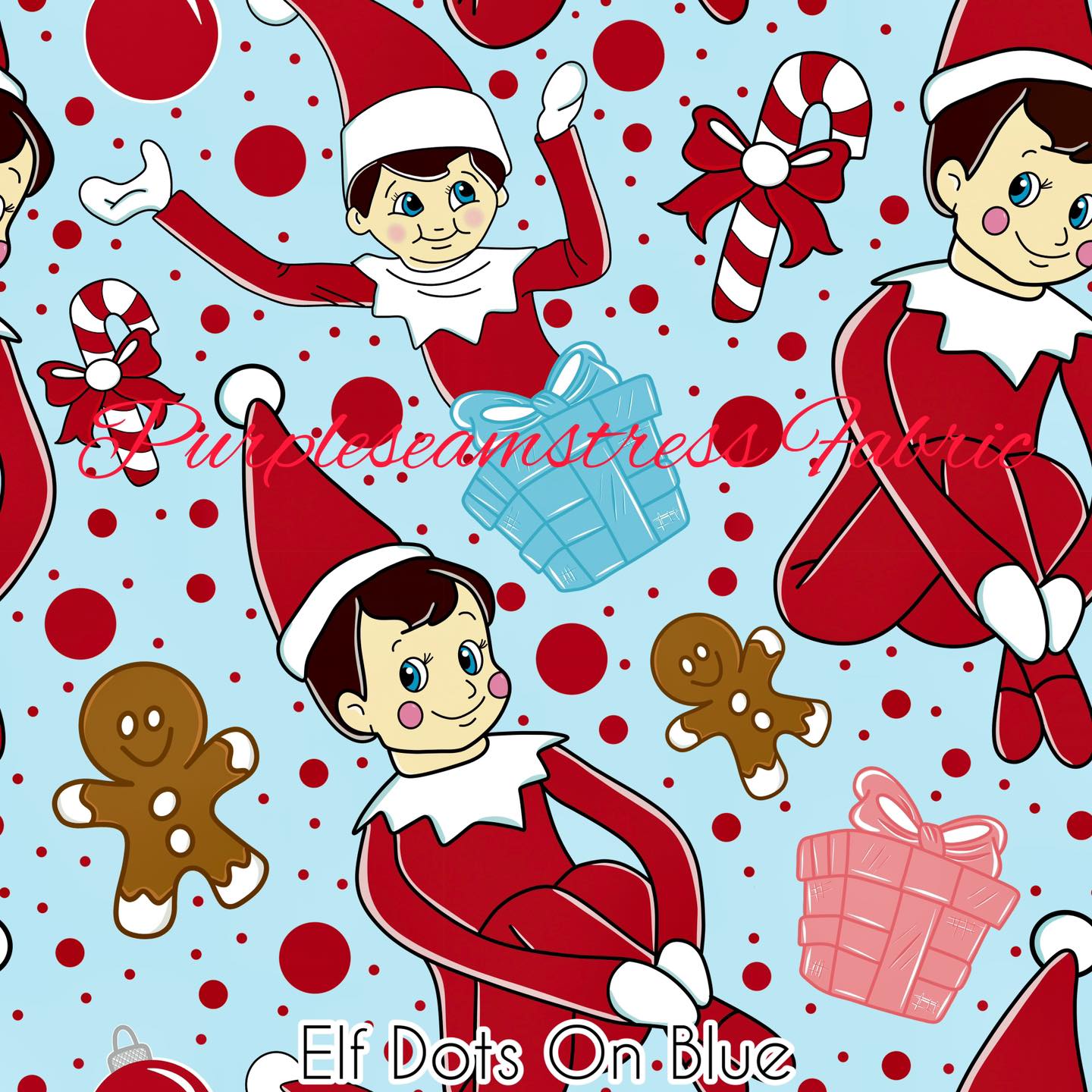 Cotton Fabric - Holiday Fabric - Elf Dance Holiday Elves and Christmas  Lights on Blue - 4my3boyz Fabric