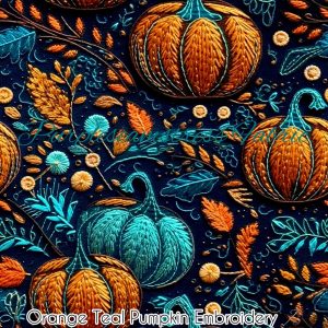 Faux Orange Teal Pumpkin Embroidery - Fabric