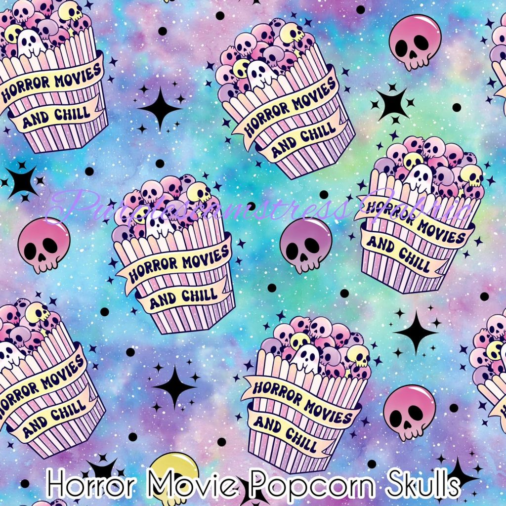 Horror Movie Popcorn Skulls Cotton Lycra – Purpleseamstress Fabric