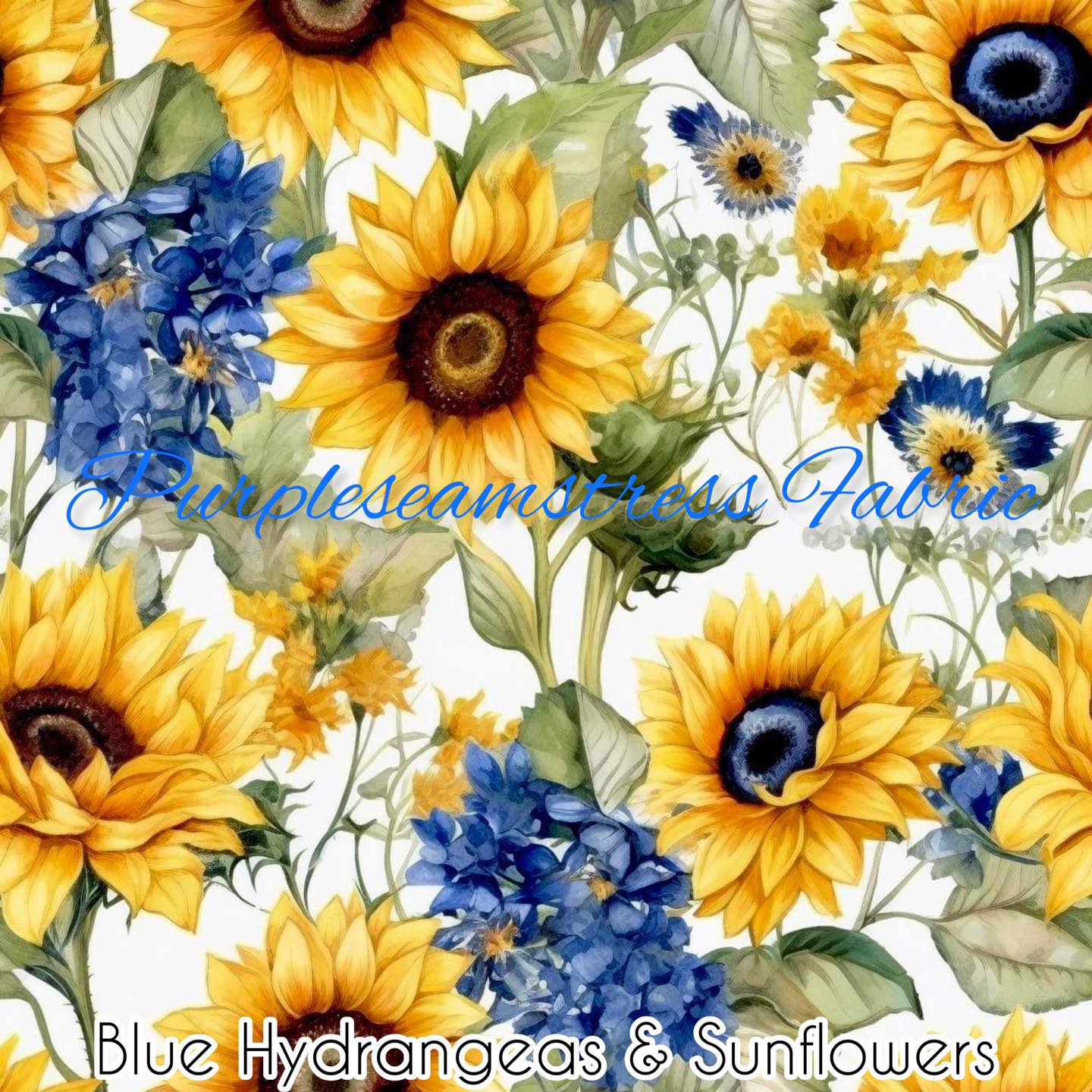 Blue Hydrangeas and Sunflower Cotton Lycra – Purpleseamstress Fabric