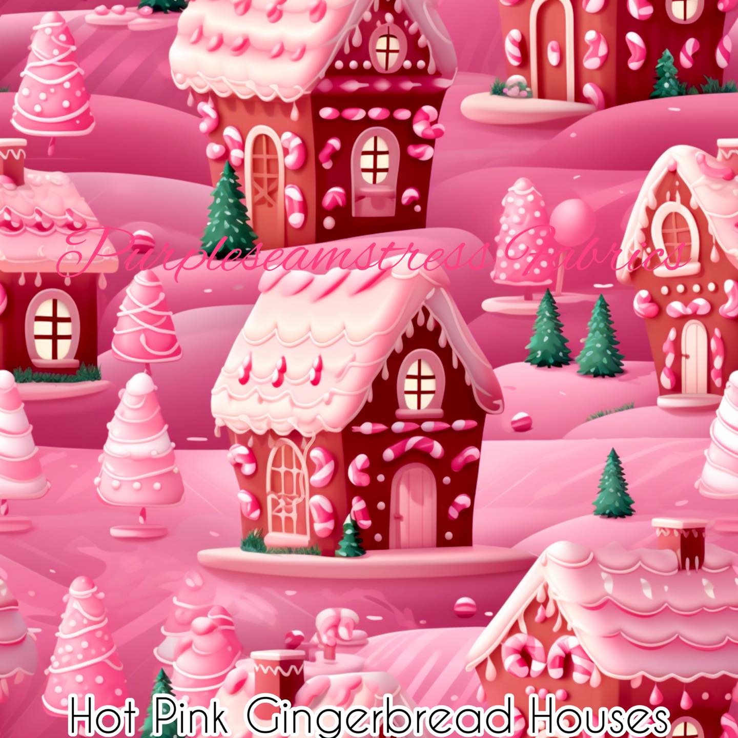 Hot Pink Gingerbread Houses Cotton Lycra – Purpleseamstress Fabric