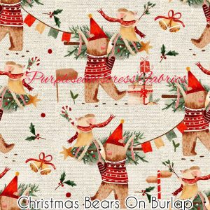 Christmas Bears On Burlap - Fabric