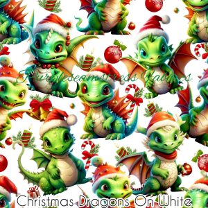 Christmas Dragons on White - Fabric