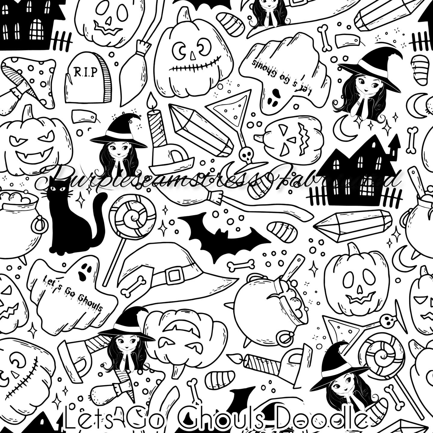 Let’s Go Ghouls Doodle Cotton Lycra – Purpleseamstress Fabric