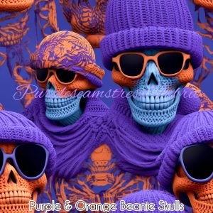 Faux Purple & Orange Beanie Skulls - Fabric